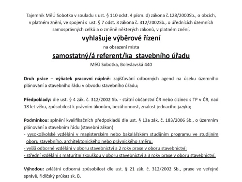 Výběrové řízení na obsazení místa referent/ka stavebního úřadu MěÚ Sobotka