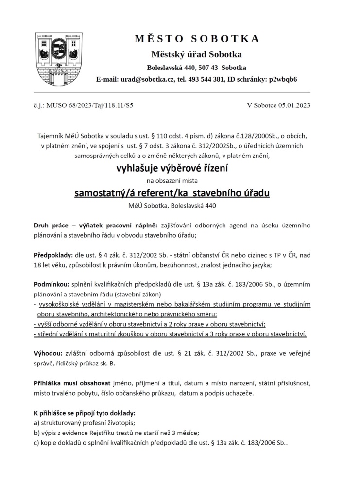 Výběrové řízení na obsazení místa referent/ka stavebního úřadu MěÚ Sobotka