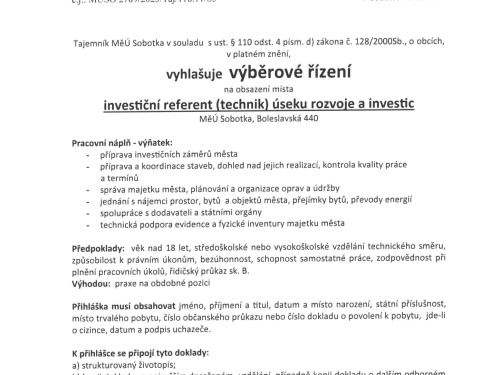 Vyhlášení výběrového řízení na obsazení místa - Investiční referent (technik) úseku rozvoje a investic MěÚ Sobotka