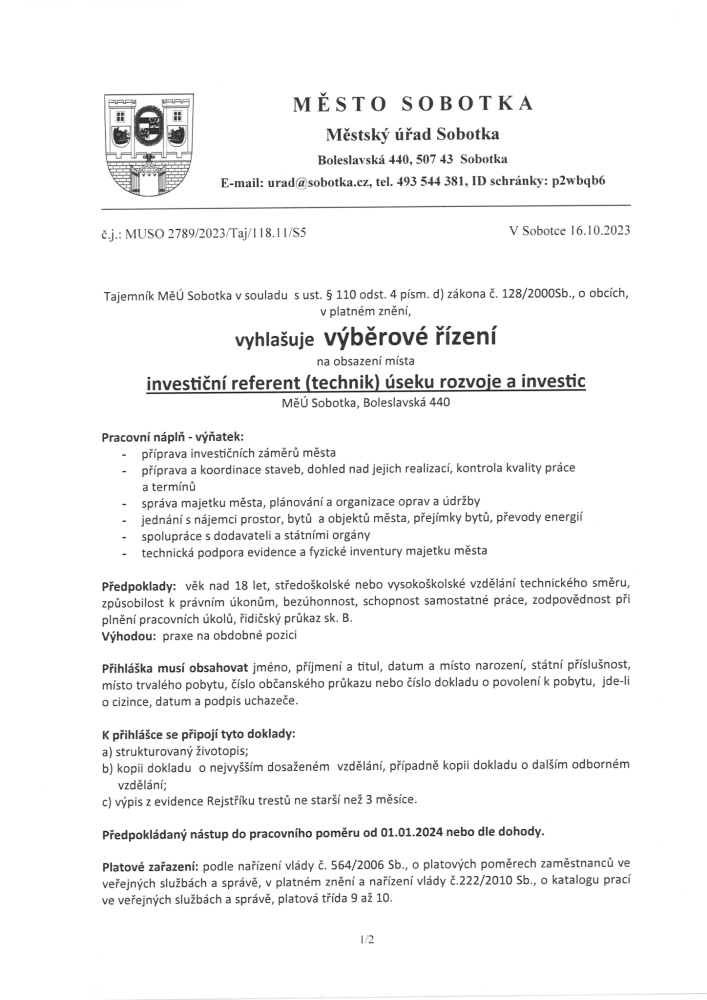 Vyhlášení výběrového řízení na obsazení místa - Investiční referent (technik) úseku rozvoje a investic MěÚ Sobotka