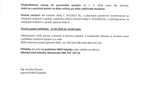Vyhlášení výběrového řízení na místo referent/ka bytového a nebytového hospodářství a správy místních poplatků