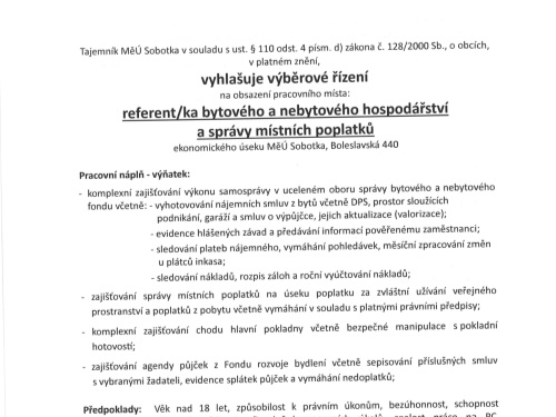 Vyhlášení výběrového řízení na místo referent/ka bytového a nebytového hospodářství a správy místních poplatků