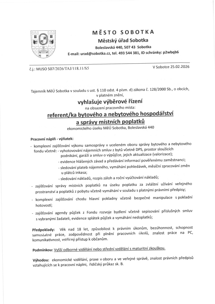 Vyhlášení výběrového řízení na místo referent/ka bytového a nebytového hospodářství a správy místních poplatků